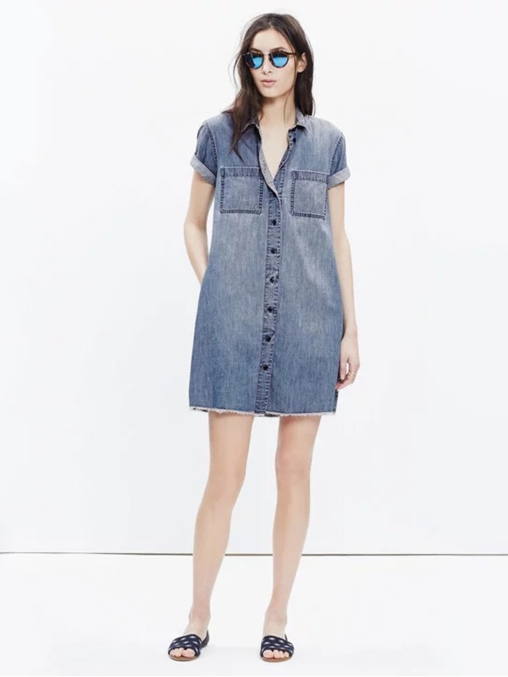 Madewell Chambray Frayed Hem Button Down Shirt Dress Blue Denim Jean Medium